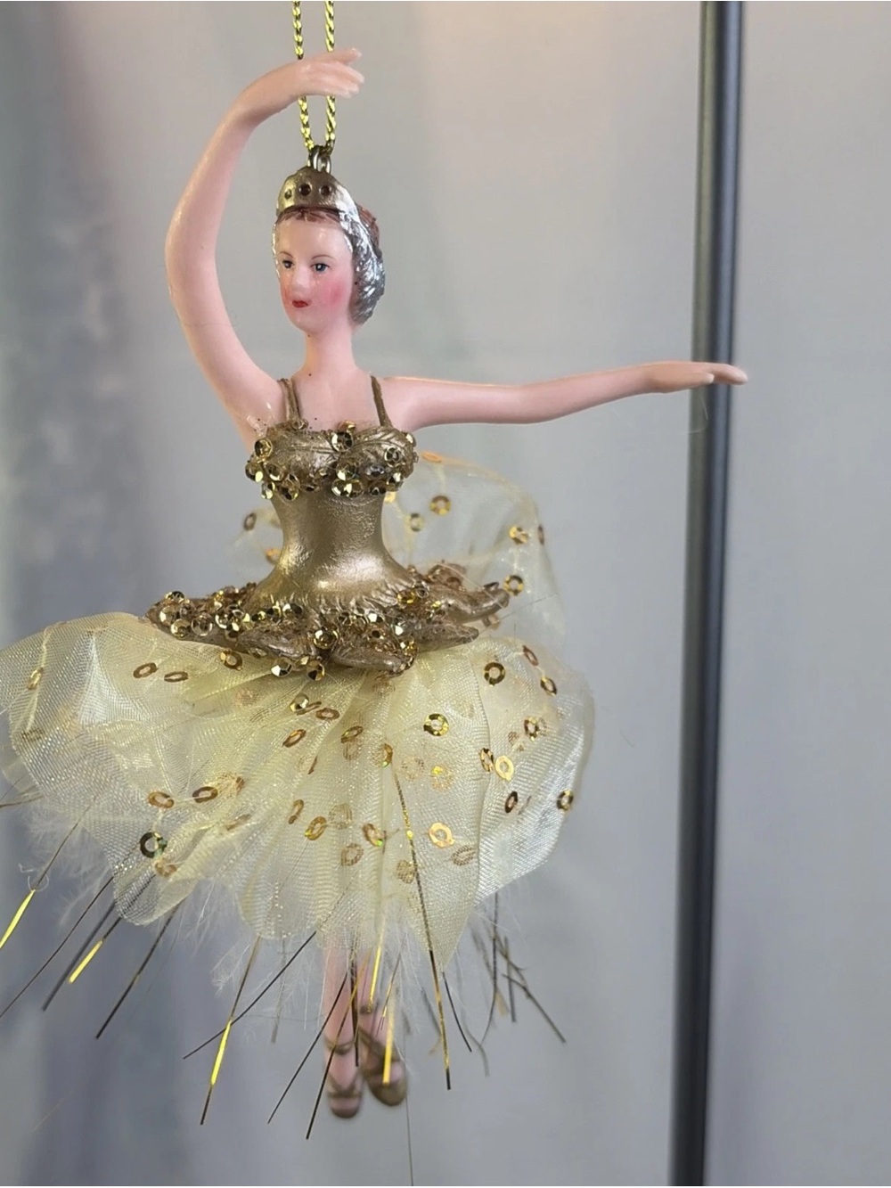 6" Ballerina Dancer Sparkling Gold Sequin & Feather Tutu Ballet Hanging Ornament